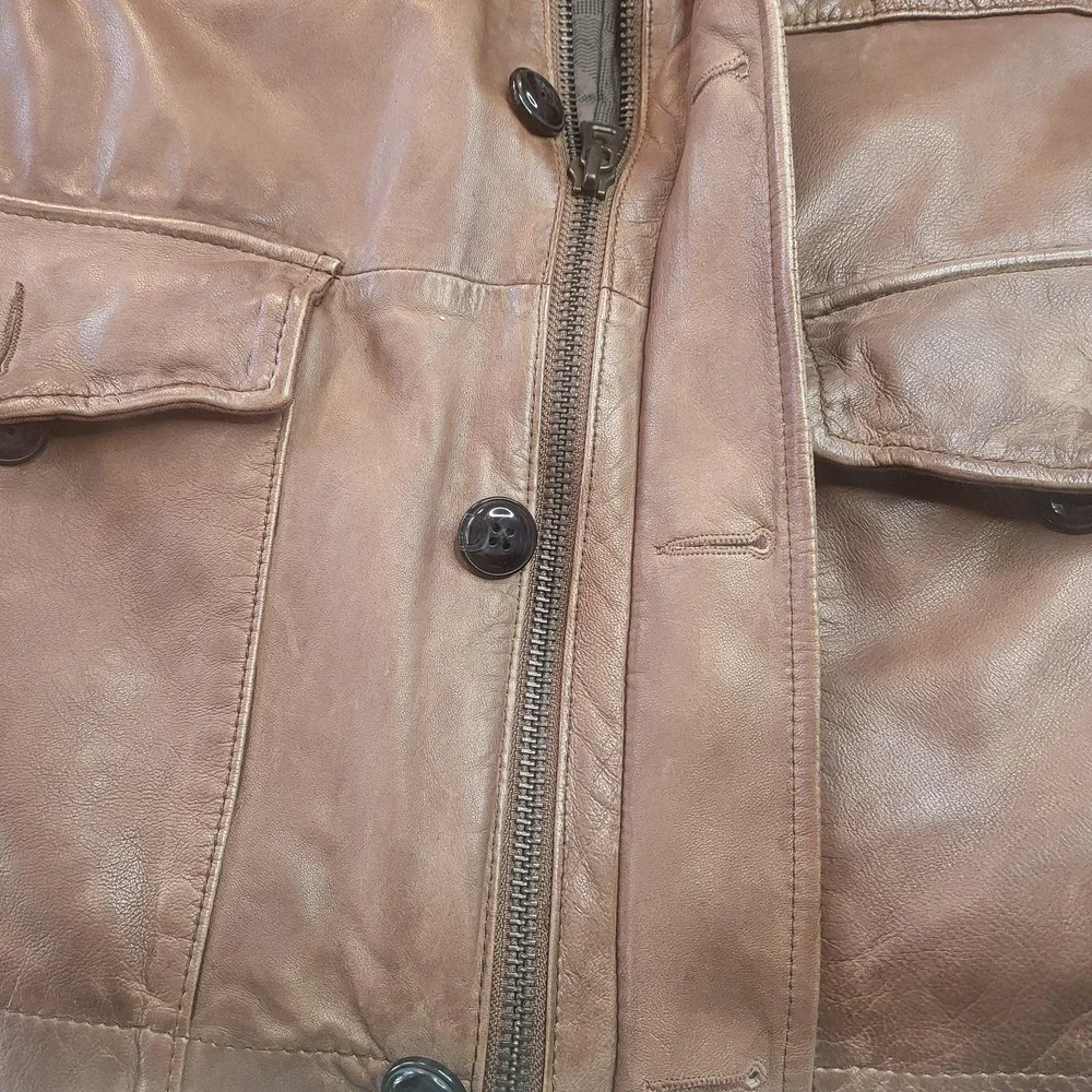 Hugo Boss Jacket Mens 42 Regular Brown Leather Joaco Military Pockets‎ Zip Lined